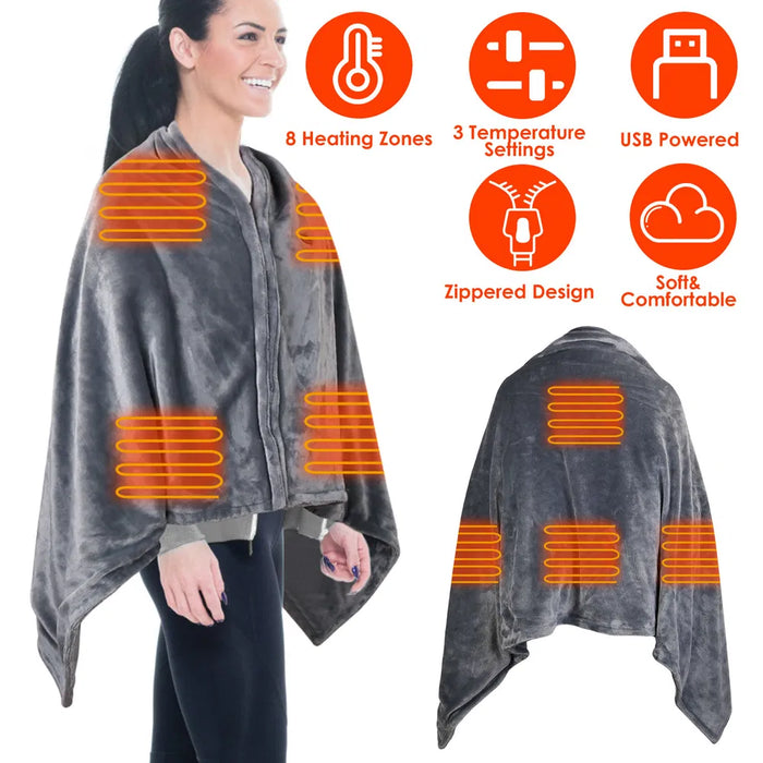 Värmekällan USB-värmefilt med dragkedja – bärs som poncho, 150 x 80 cm