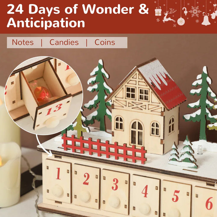 Lång upplyst adventskalender i trä