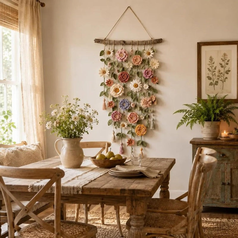 Boho vägghängning med tygblommor på gren