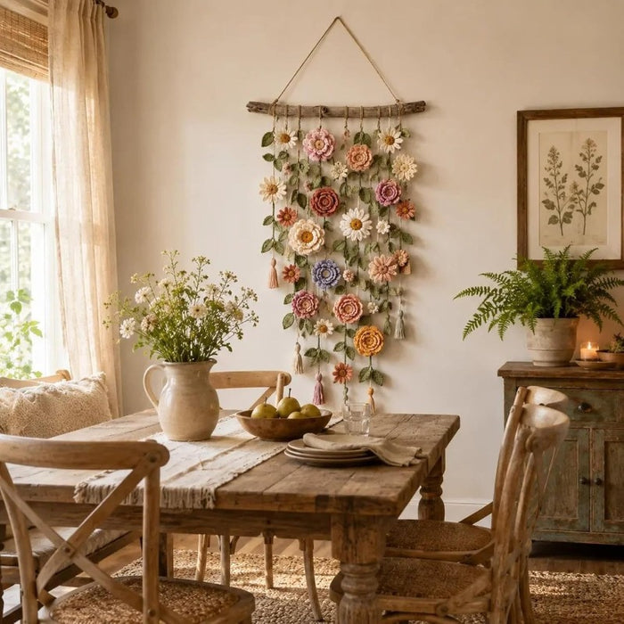 Värmekällan Boho vägghängning med tygblommor på trägren