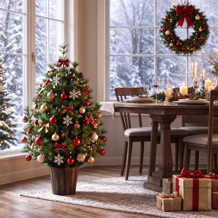 Liten julgran i guldfärgad kruka