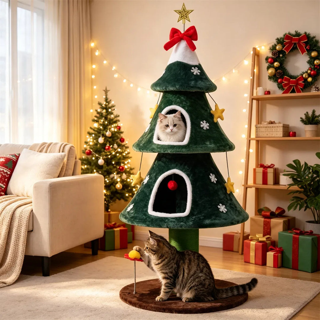 Kattträd som julgran med stjärna