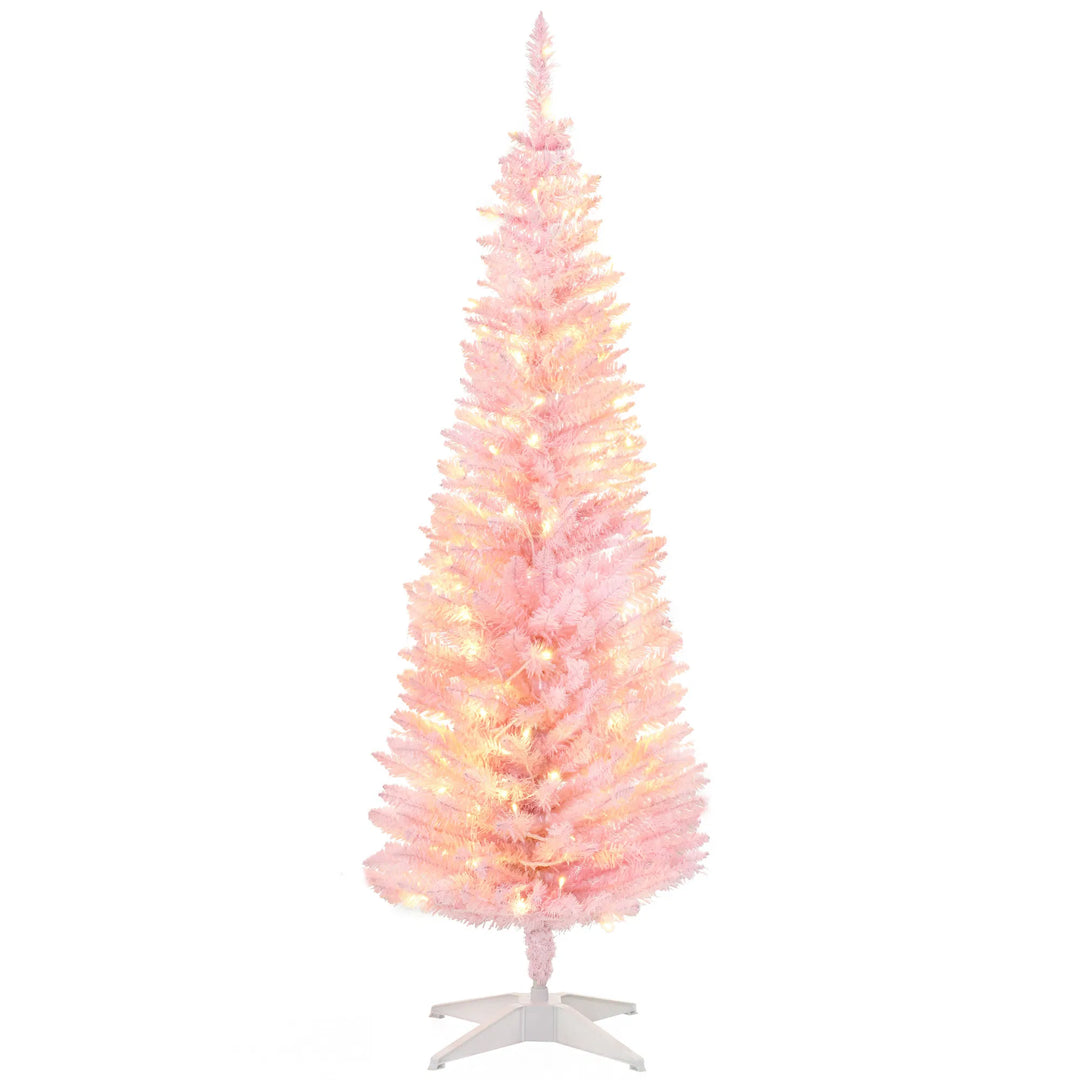 Rosa smal julgran med varmvita ljus