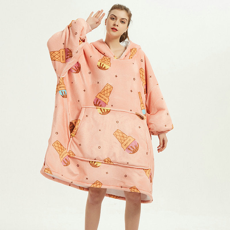 Filt med ärmar i mjuk flanell – oversize hoodie med tryck