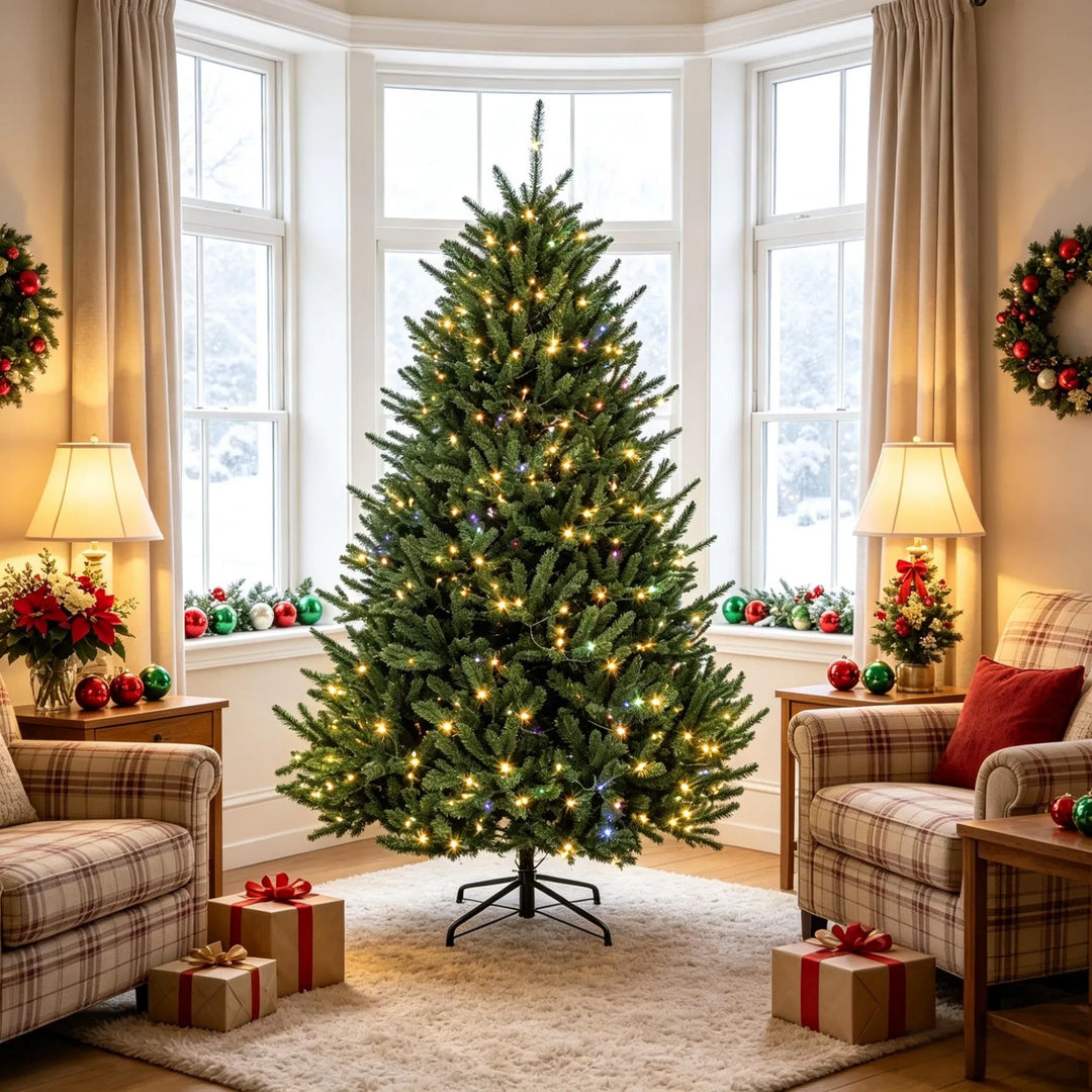 Fyllig grön julgran med fotpedal