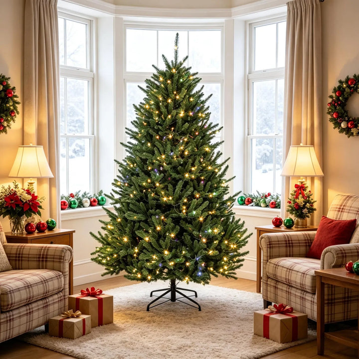 Fyllig grön julgran med fotpedal