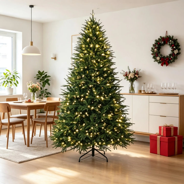 Extra fyllig grön julgran med ljus
