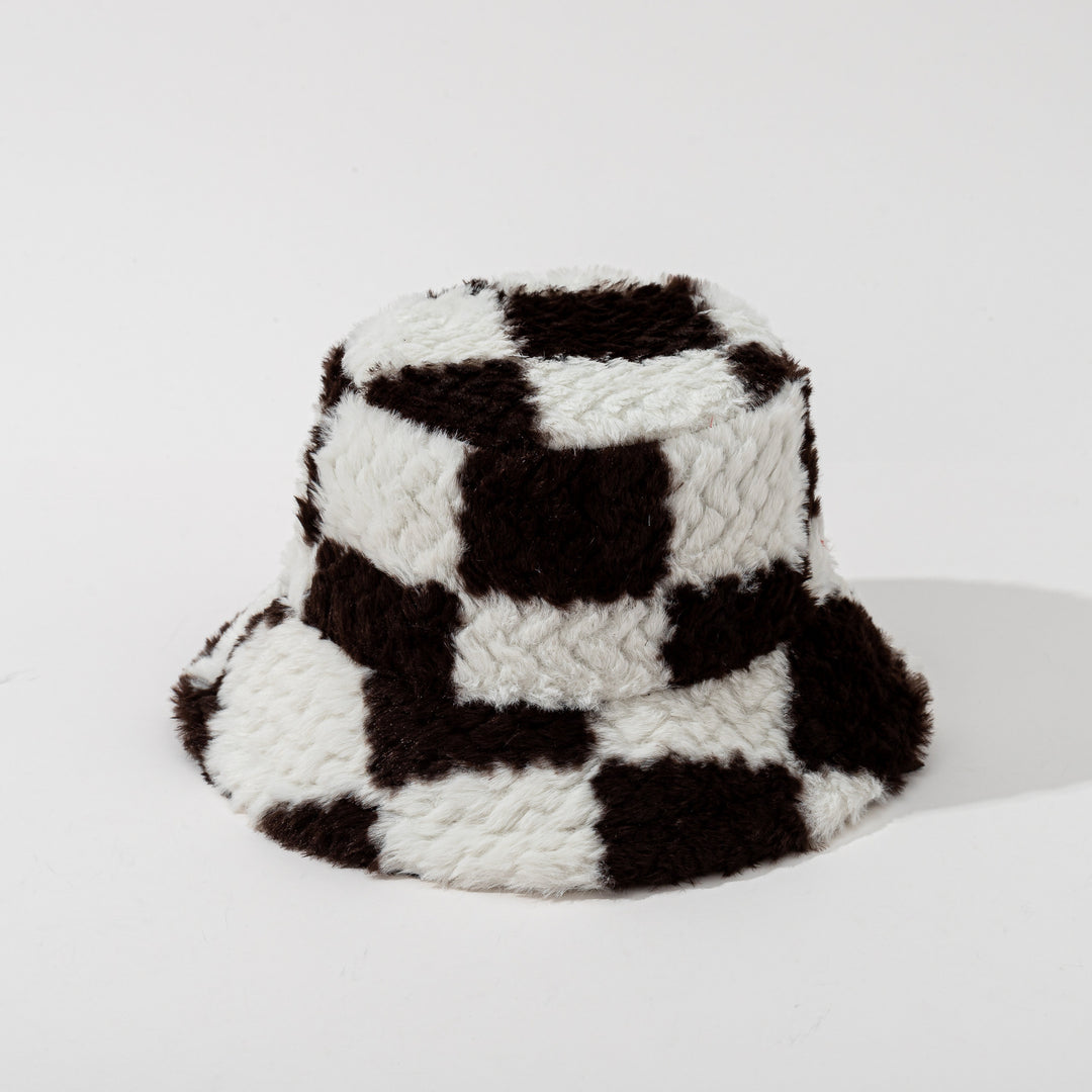 Schackrutig buckethatt i brun teddyplysch