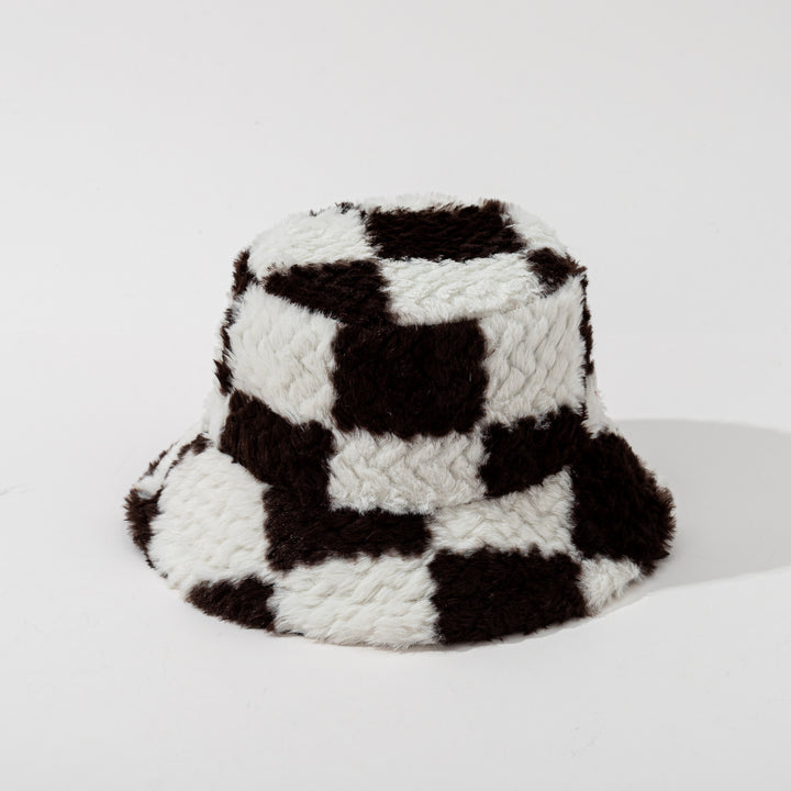 Schackrutig buckethatt i brun teddyplysch