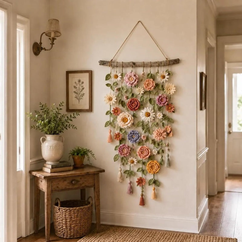 Boho vägghängning med tygblommor på gren