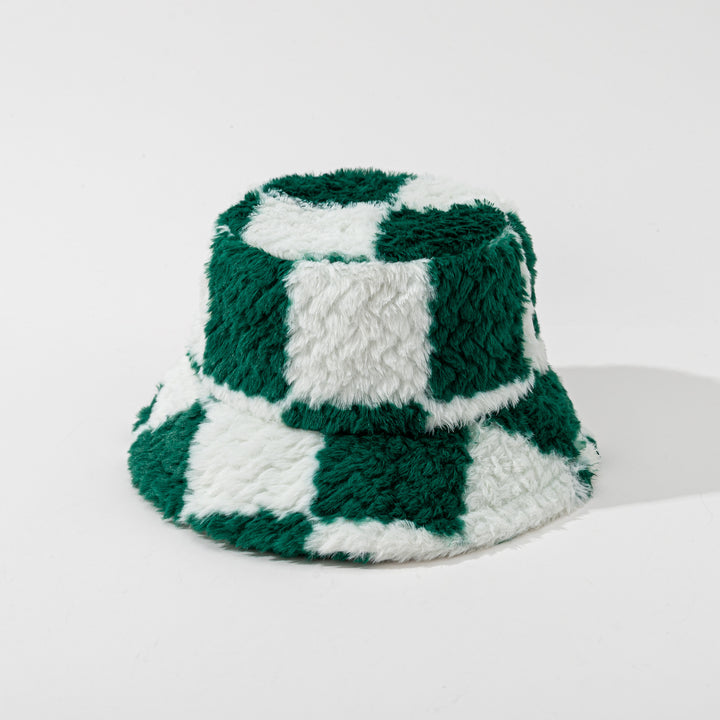 Schackrutig buckethatt i brun teddyplysch