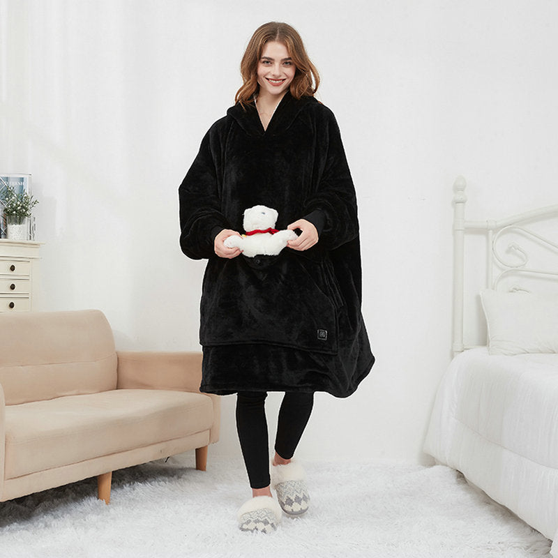 Eluppvärmd hoodiefilt i sherpa – USB-värme i ryggen
