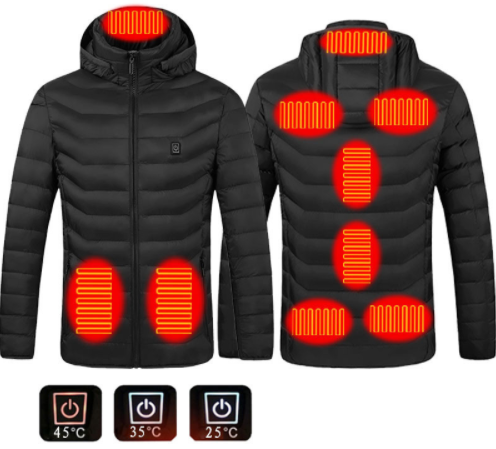 Uppvärmd jacka med USB, avtagbar luva och flera värmezoner, S till 4XL