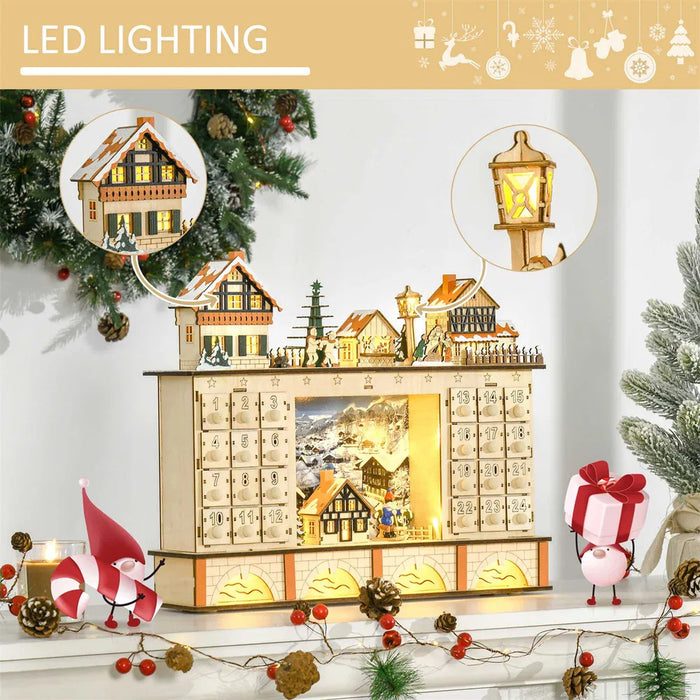 Värmekällan Adventskalender i trä med julby, LED och 24 lådor
