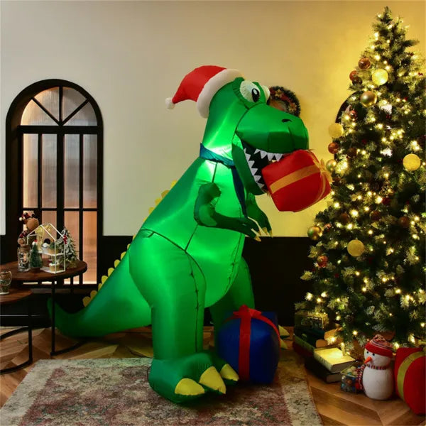 Uppblåsbar T-rex med tomteluva och julklappar