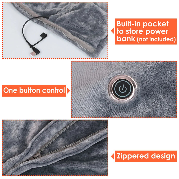 Bärbar USB-värmefilt med dragkedja, ficka för powerbank