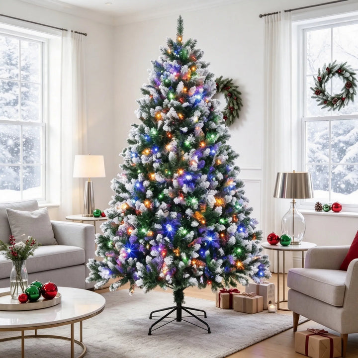 Stor snötoppad julgran med ljus