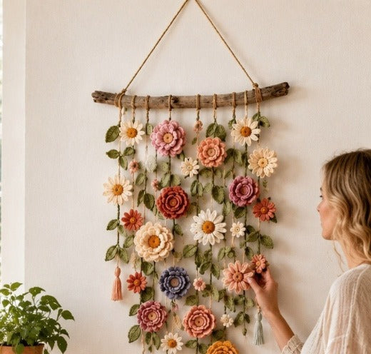 Boho vägghängning med tygblommor på gren