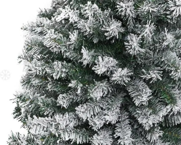 Snöflockad smal julgran utan ljus