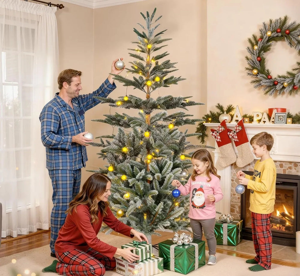 Julgran med lätt snöade toppar