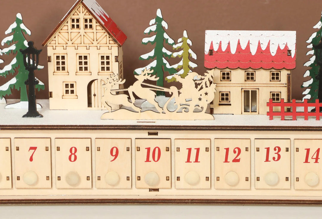 Lång upplyst adventskalender i trä