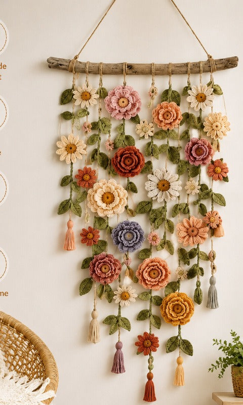 Boho vägghängning med tygblommor på gren