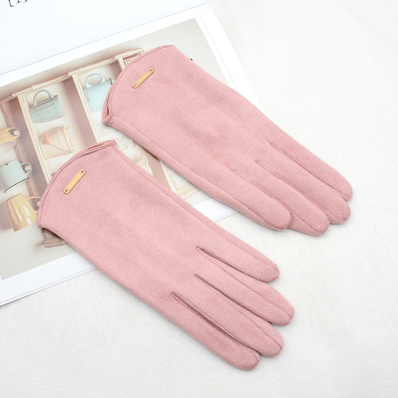 Beige mockalook-handskar med guldfärgad detalj