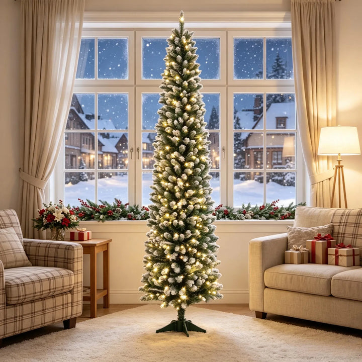 Smal frosttoppad julgran med ljus