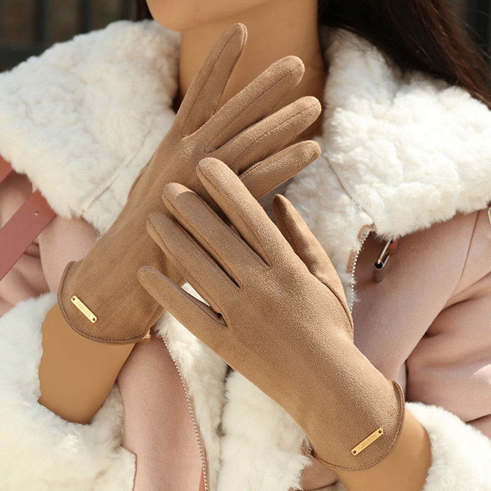 Beige mockalook-handskar med guldfärgad detalj