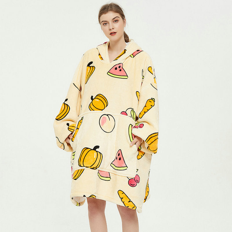 Filt med ärmar i mjuk flanell – oversize hoodie med tryck