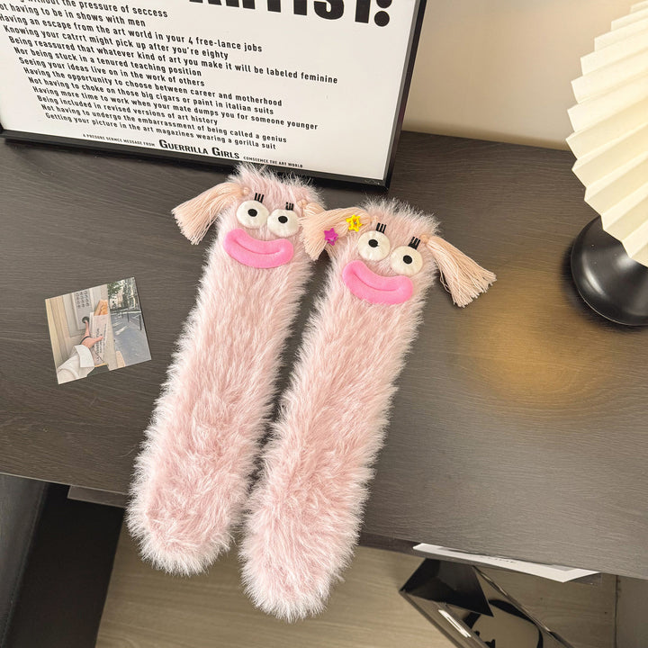 Fluffiga fleecestrumpor med kaninansikte på tån