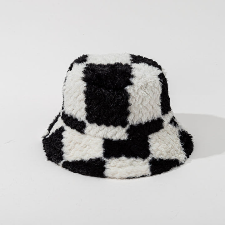 Schackrutig buckethatt i brun teddyplysch