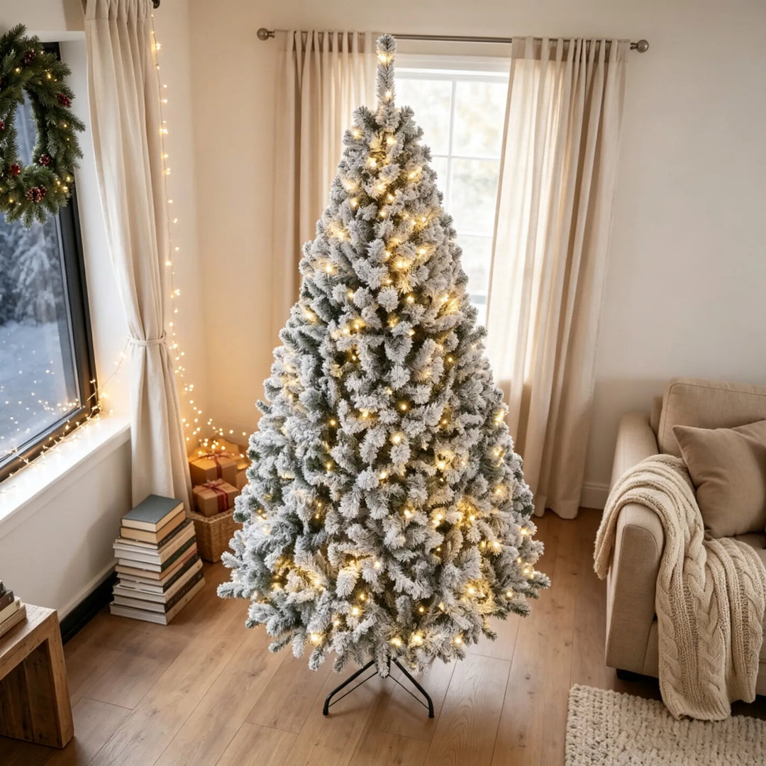 Stor snöig gran med varmvita ljus