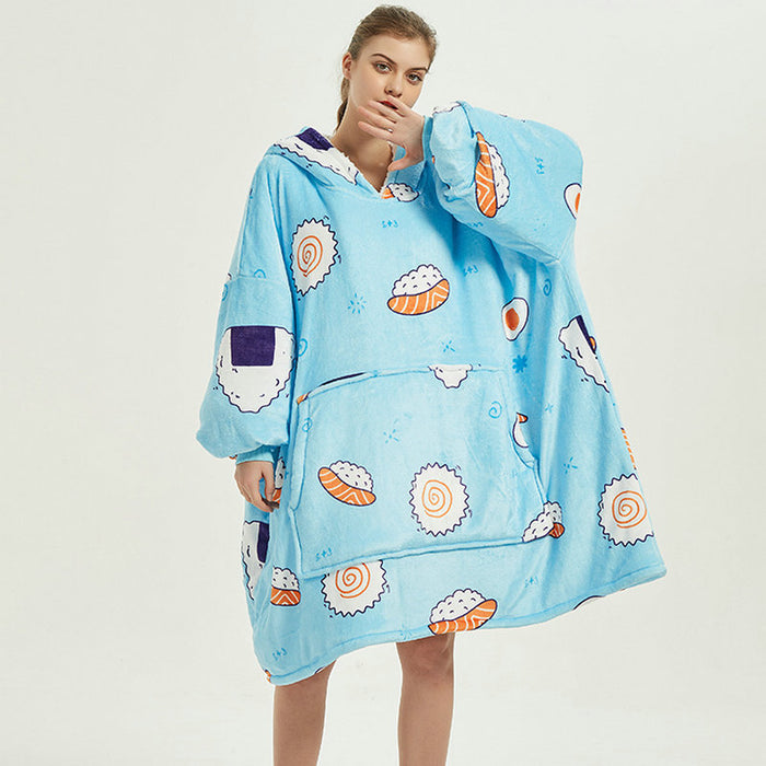 Värmekällan Filt hoodie i oversize – mjuk flanell i dubbla lager med roliga tryck