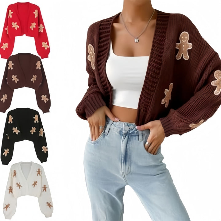 Stickad tröja med pepparkaksgubbe och V-ringning, S–XL