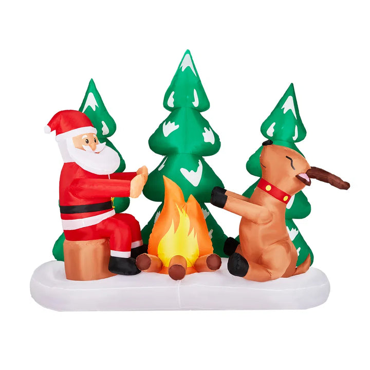 Uppblåsbar tomte och ren vid lägereld