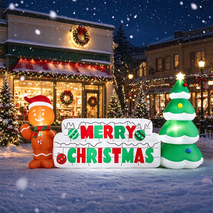 Uppblåsbar lysande julskylt med pepparkaksgubbe