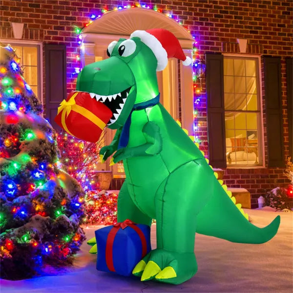 Uppblåsbar T-rex med tomteluva och julklappar