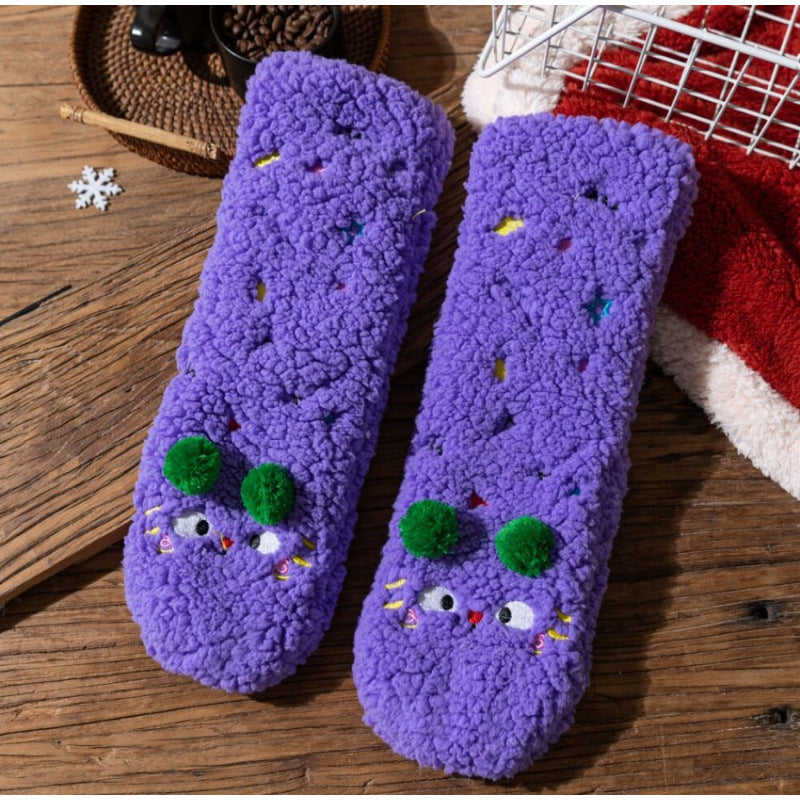 Fluffiga sockor med broderat ansikte i gult