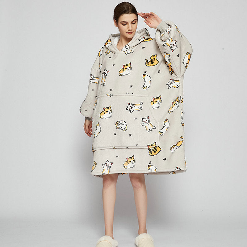 Filt med ärmar i mjuk flanell – oversize hoodie med tryck