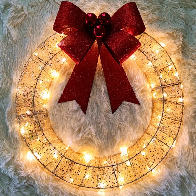 Julkrans med LED-belysning och stor rosett – 50 cm, timer