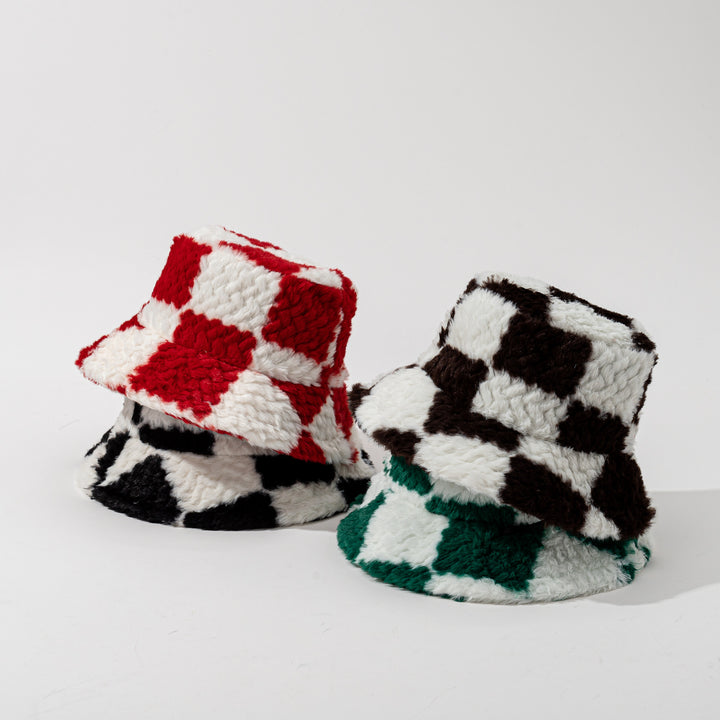 Schackrutig buckethatt i brun teddyplysch