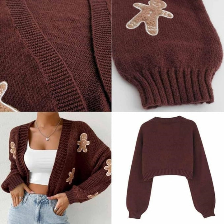 Stickad tröja med pepparkaksgubbe och V-ringning, S–XL